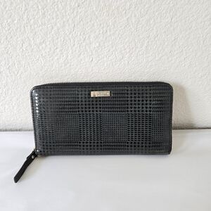 KATE SPADE Large Leather Wallet Black Grey Houndstooth Print Zip Around